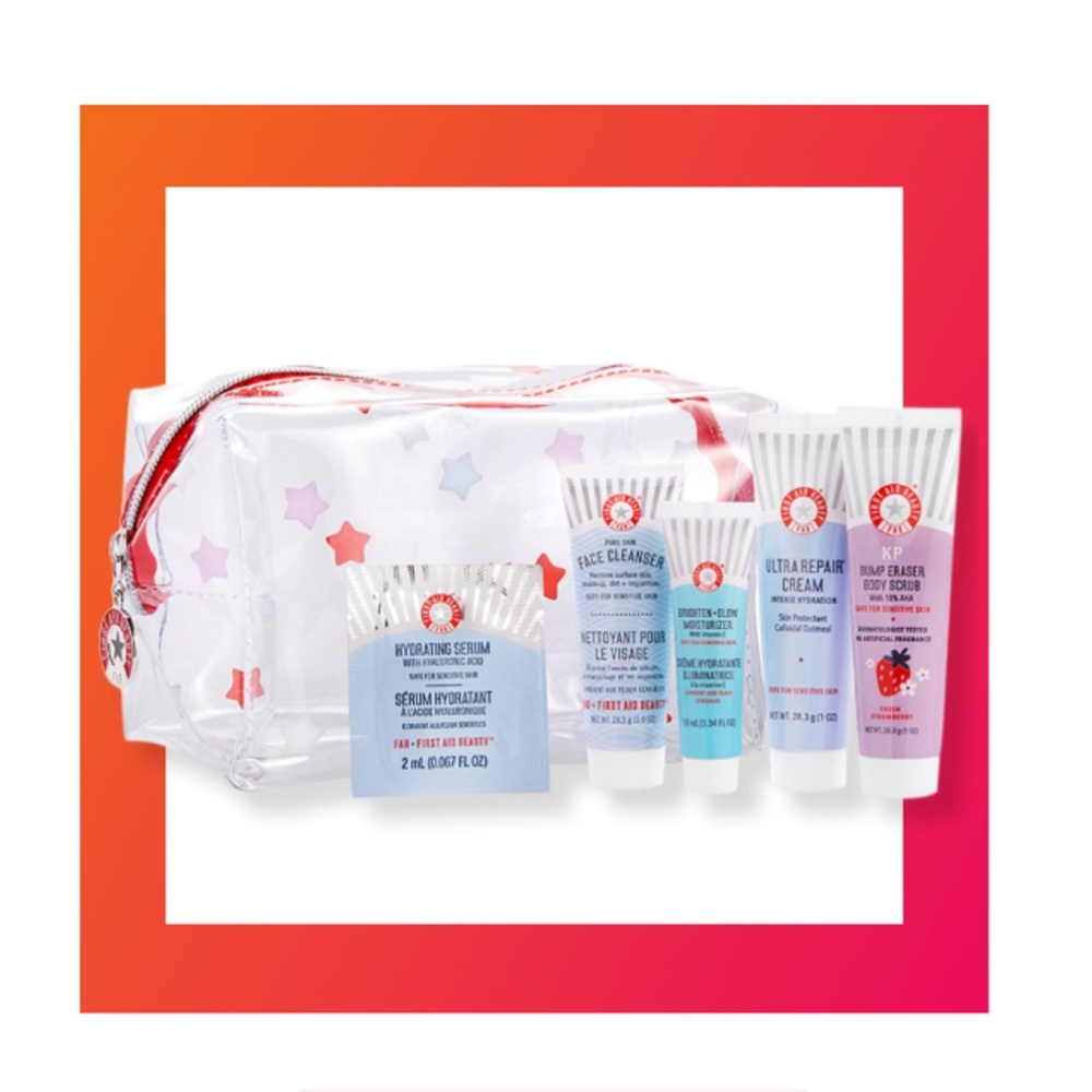 FIRST AID BEAUTY 6p Skin Care Travel Set KP Scrub Cream Cleanser Moisturizer Bag